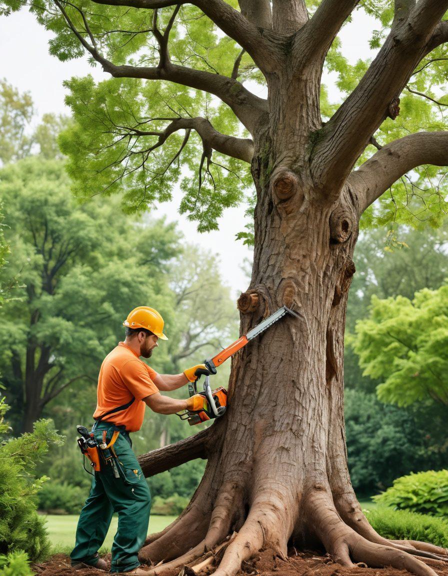 A serene landscape depicting a professional arborist meticulously trimming a lush green tree, with easy-to-follow infographics on effective tree maintenance strategies in the background. Include tools like a chainsaw and pruning shears subtly placed to emphasize the theme of tree care. The scene should convey the growth and care of trees transitioning to a vibrant garden area that showcases a recently removed stump, highlighting the process of tree upkeep. Super-realistic. Vibrant colors. White background.
