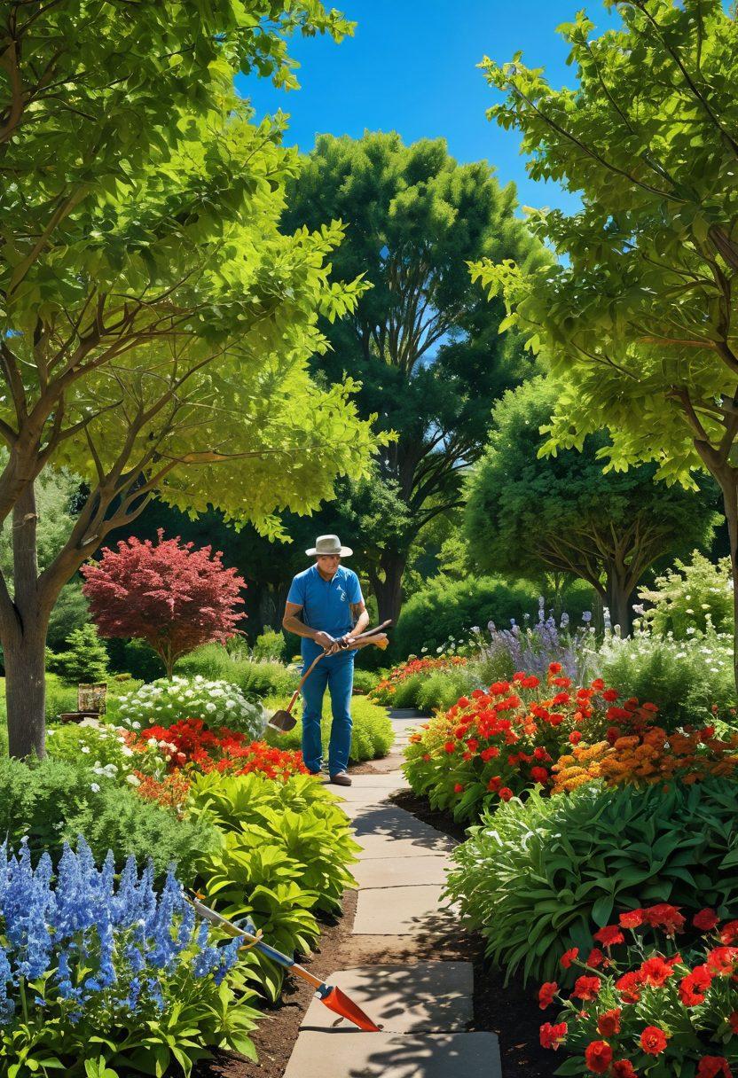 A serene landscape showcasing a variety of healthy trees with vibrant green leaves, a gardener nurturing the trees with eco-friendly tools, and colorful flowers blooming underneath. The scene should highlight the balance between nature and human care, with a clear blue sky above. The overall atmosphere should feel tranquil and inviting, reflecting sustainable practices. super-realistic. vibrant colors. outdoor setting.