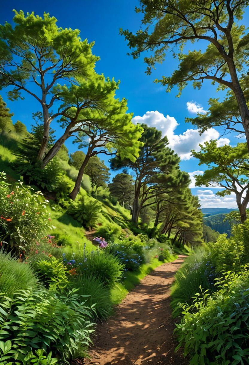 A serene landscape featuring a lush green hillside adorned with various tree species showcasing sustainable management techniques. Incorporate tree pruning, organic mulch, and biodiverse undergrowth, all under a bright blue sky with fluffy clouds. Include a small trail winding through the trees, inviting viewers to explore nature responsibly. The scene should emphasize vibrant colors of the foliage and a harmonious balance between nature and nurture. super-realistic. vibrant colors. 3D.